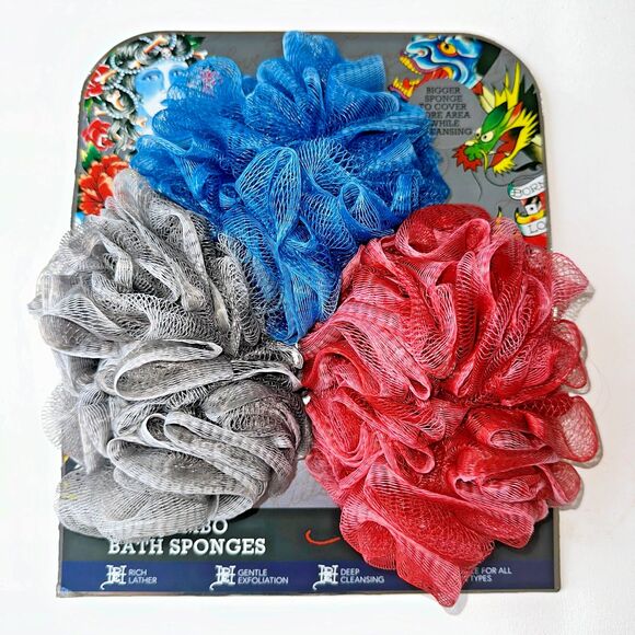 Ed Hardy 3 Piece Jumbo Bath Sponges Shower Loofah Adult New - Picture 1 of 4